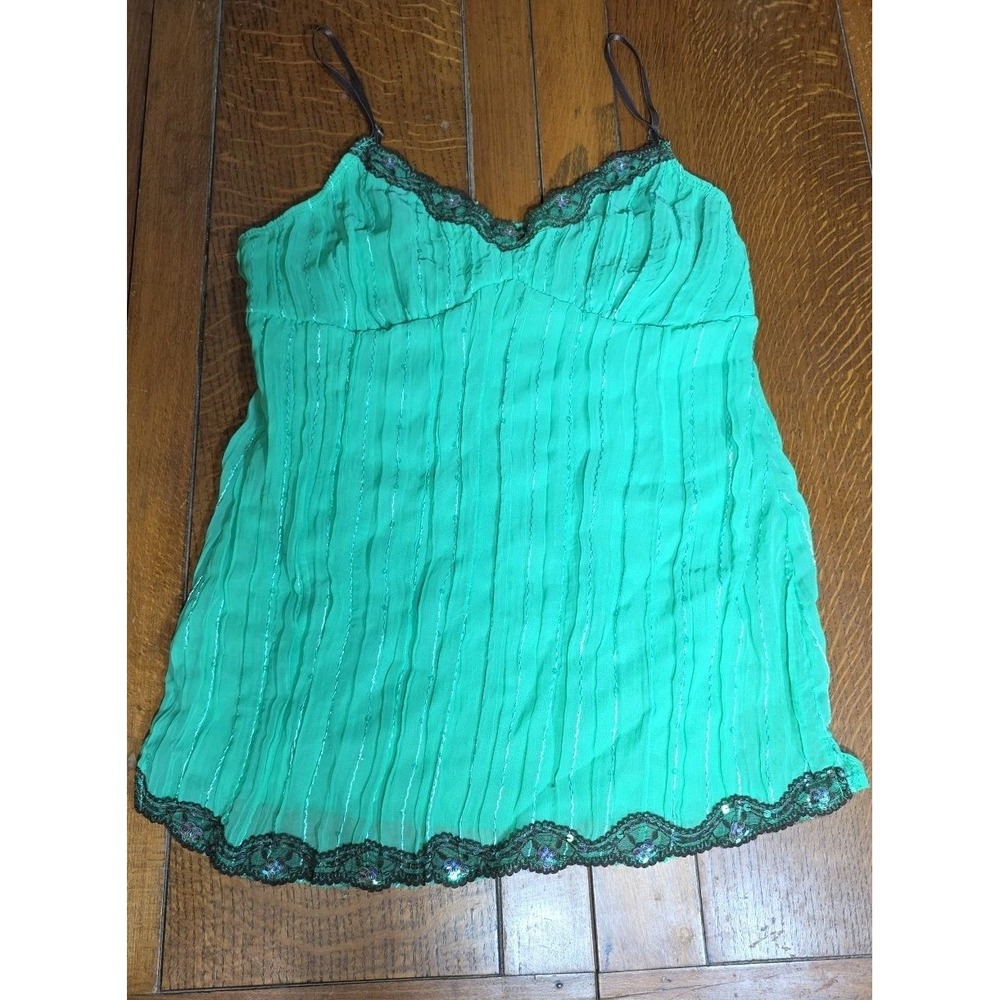 No Boundaries Tank Top L Green Lace Sequin Y2K 90s Baby Doll Fairy Coquette Boho